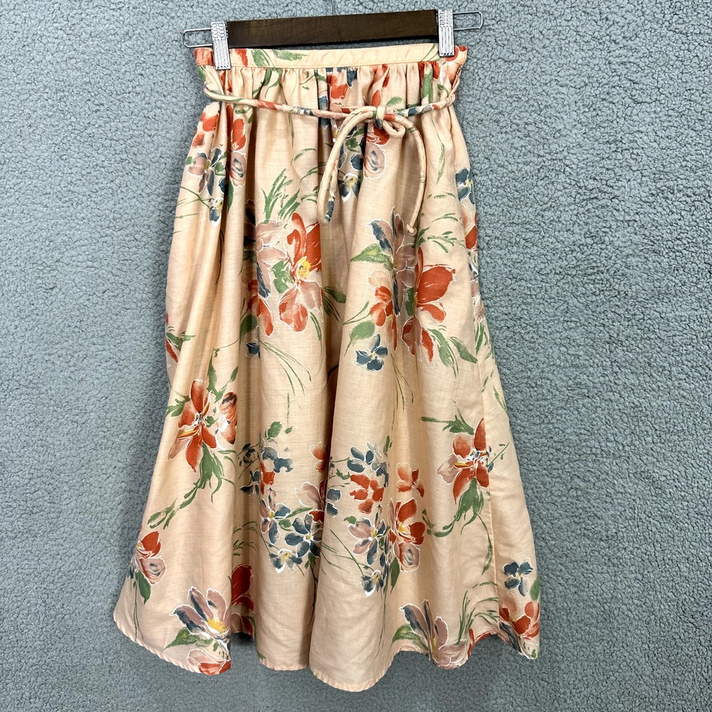 Vtg Glen of Michigan XS Beige Floral Prairie Boho Cottage Midi Skirt‎ Tie Waist